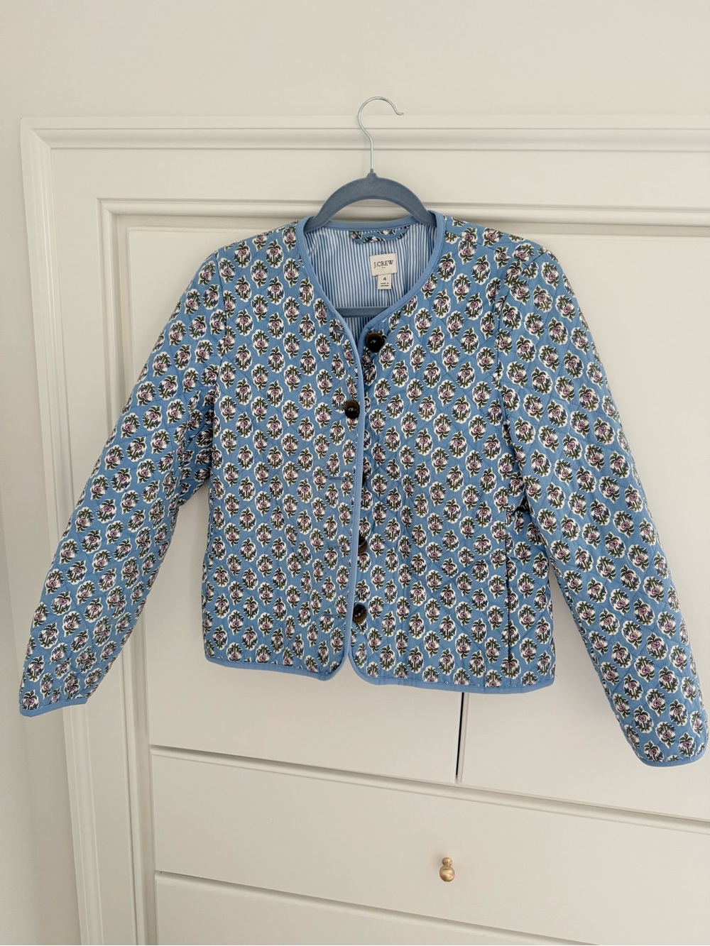 J. Crew Light Blue Floral Quilted Puff Jacket
